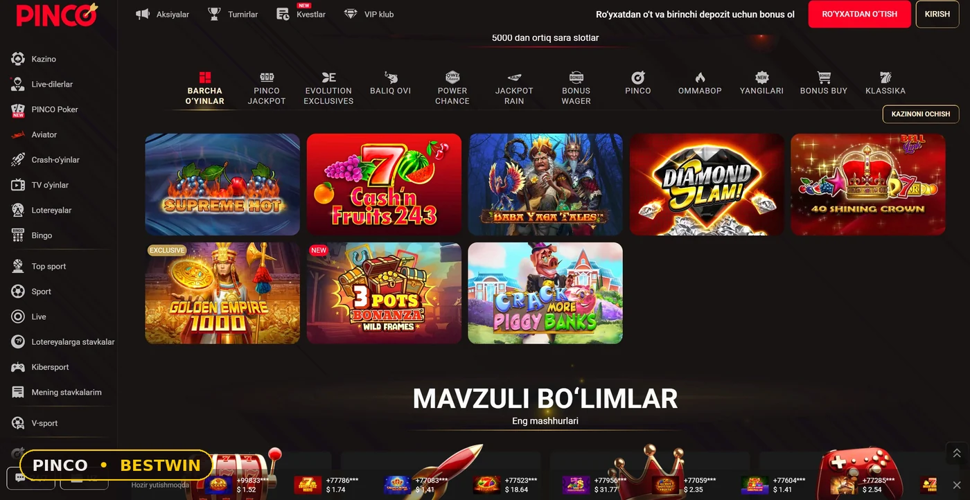 Pinco kazino katalogi: bo‘limlar, jekpot va bonus o‘yinlar