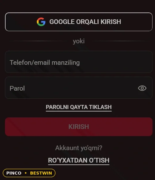 Kirish oynasi: telefon yoki e-mail, parol va Google orqali kirish